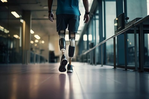 Amputee sportsman walking in corridor with bionic prosthetic legs prosthesis with robotic