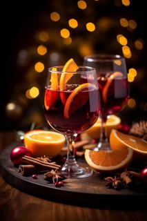 Two glasses of traditional mulled wine with orange and cranberry garnishes on a cozy Christmas