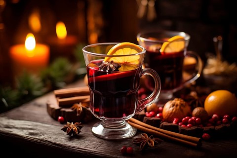 Two glasses of traditional mulled wine with orange and cranberry garnishes on a cozy Christmas