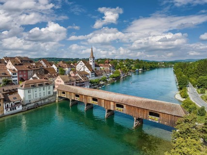 Aerial view of Diessenhofen with the historic wooden bridge over the Rhine, Canton Thurgau,