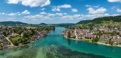 Aerial panorama of the town of Stein am Rhein, Canton Schaffhausen, Switzerland, Europe