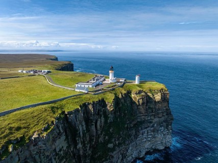 Aerial view of Dunnet Head with the lighthouse, the northernmost point of the British main island,