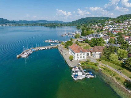 Aerial view of Lake Constance with the municipality of Bodman-Ludwigshafen with the marina and old