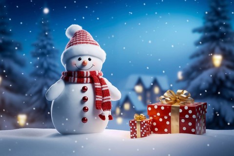 Peaceful and serene Christmas scene with a cute snowman and gifts presents in a snowy forest, AI