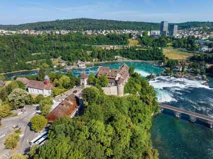 Aerial view of the Rhine Falls with tourist centre and Laufen Castle, Neuhausen, Canton