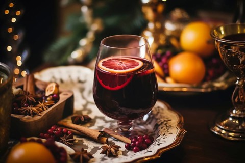 Glass of traditional mulled wine with orange and cranberry garnishes on a cozy Christmas table. The