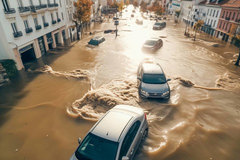 Climate change disaster flood catastrophe concept background, cars in flooded street of European
