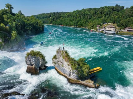 Aerial view of the Rhine Falls, with tourists on the viewing platform, Neuhausen, Canton