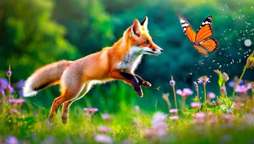 A red fox playfully chases a butterfly, AI generated
