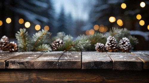 Christmas themed decorative empty wooden base for product item or text display, AI generated