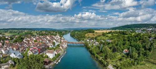 Aerial panorama of Diessenhofen with the historic wooden bridge over the Rhine, Canton Thurgau,