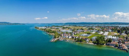 Aerial panorama of the western part of the island of Reichenau with the landing stage, on the