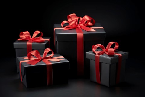 A black Friday Sale concept with black present boxes with red ribbons on a black background, AI