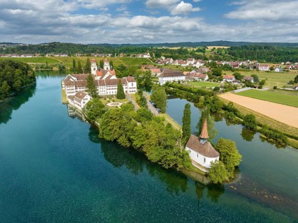 Aerial view of the former Benedictine abbey with the monastery church of St. Mary and the pointed