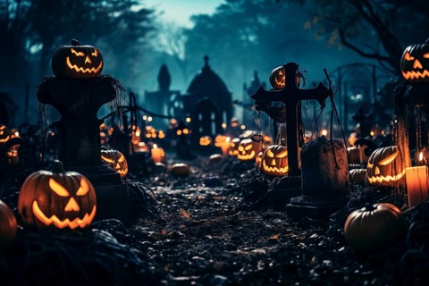 Halloween concept, spooky graveyard at night under full moon with Halloween jack-o-lantern pumpkins