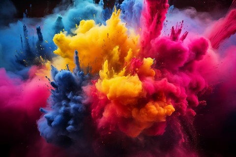 Holi background, vibrant and colorful powder smoke explosion on black background, AI generated