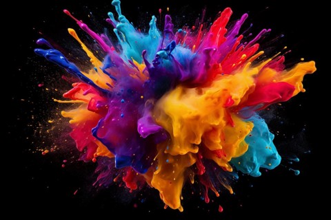 Abstract background of vibrant colorful paint splashes on black background, AI generated