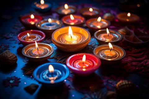 Diwali indian festival of lights background, burning diya lamps on a decorated table close up, AI