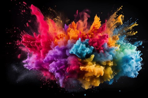 Holi background, vibrant and colorful powder smoke explosion on black background, AI generated