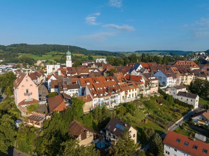 Aerial view of the town of Stockach with the church of St. Oswald in the upper town, historic town