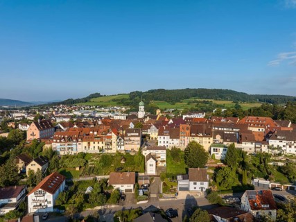 Aerial view of the town of Stockach with the church of St. Oswald in the upper town, historic town