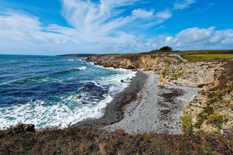 The Cote Sauvage, the varied Atlantic coast of Brittany, at the Pointe de Castel at the tip of Cap