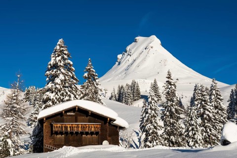 Snow-covered mountains and mountain hut, Damülser Mittagspitze, Damüls, Bregenzerwald, Vorarlberg,