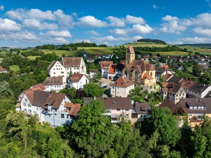 Aerial view of flower field, district of the southern Baden town of Tengen with flower field Castle