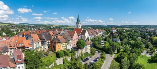 Aerial view, panorama of the town of Engen in Hegau with the Church of the Assumption of the Virgin