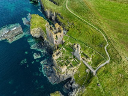 Aerial view of Girnigoe and Sinclair Castle ruins, rock castle on the North Sea coast, Wick, County