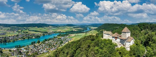 Aerial panorama of Hohenklingen Castle near Stein am Rhein, Canton Schaffhausen, Switzerland,