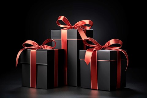 A black Friday Sale concept with black present boxes with red ribbons on a black background, AI