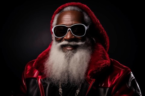 Modern black Santa Claus in Santa hat with sunglasses and long white beard, smiling while looking