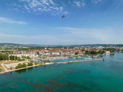 Aerial view of the city of Constance with the Lake Constance harbour, on the left the Sealife