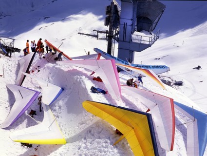 DEU, Germany: The historical slides from the times 80-90s, Zugspitze. Sportsmen against nuclear