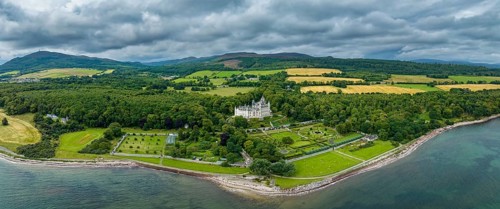 Aerial panorama of Dunrobin Castle, Golspie, Sutherland, Highlands, Scotland, United Kingdom,