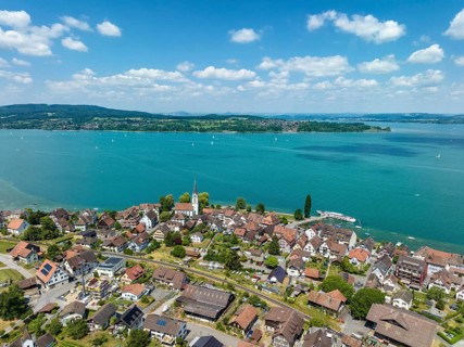 Aerial view of the municipality of Berlingen, on the horizon on the left the Höri peninsula and the