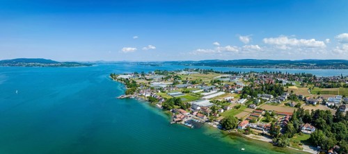 Aerial panorama of the western part of Reichenau Island, on the horizon from the left the Höri