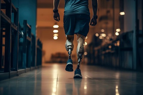 Amputee sportsman walking in corridor with bionic prosthetic legs prosthesis with robotic