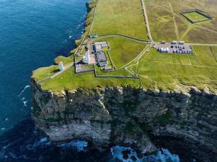 Aerial view of Dunnet Head with the lighthouse, the northernmost point of the British main island,