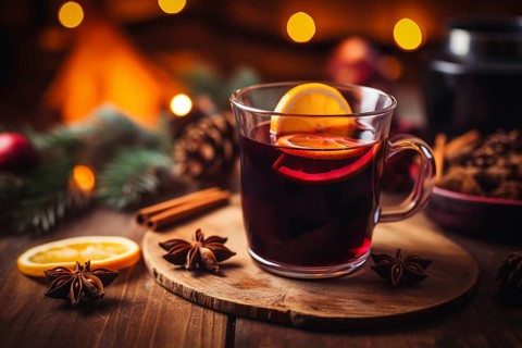 Glass of traditional mulled wine with orange and cranberry garnishes on a cozy Christmas table. The
