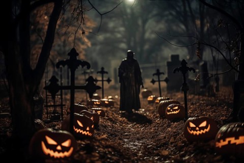 Halloween concept, spooky graveyard at night under full moon with Halloween jack-o-lantern pumpkins