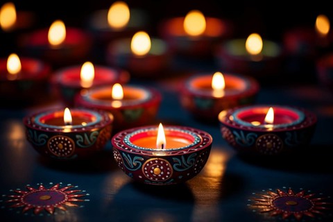 Diwali indian festival of lights background, burning diya lamps on a decorated table close up, AI
