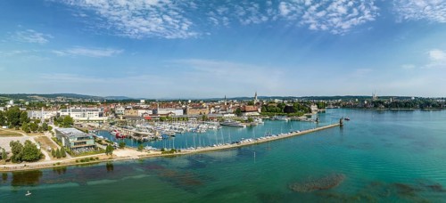 Aerial panorama of the city of Constance and the Lake Constance harbour, on the left the Sealife
