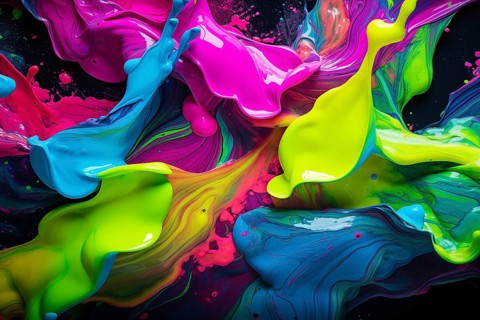 Abstract background of vibrant colorful neon colored paint splashes on black background, AI