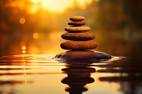 Stack of zen stones on water with a nature background. The image conveys a sense of balance,