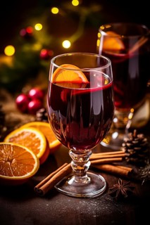 Glass of traditional mulled wine with orange and cranberry garnishes on a cozy Christmas table. The