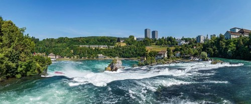 Aerial panorama of the Rhine Falls, viewing terrace on the left, Neuhausen, Canton Schaffhausen,
