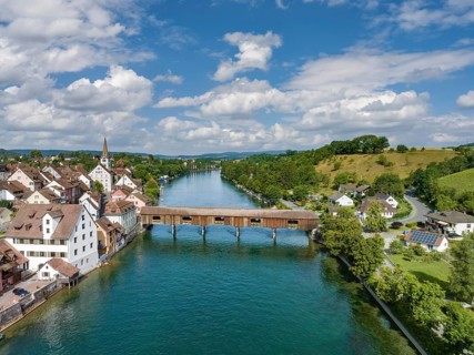 Aerial view of Diessenhofen with the historic wooden bridge over the Rhine, Canton Thurgau,
