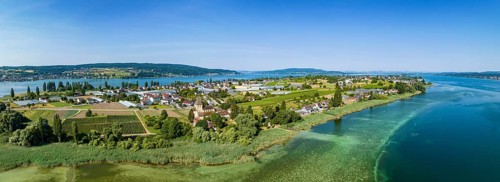 Aerial panorama of Reichenau Island with St. George's Church, Oberzell, Reichenau, UNESCO World